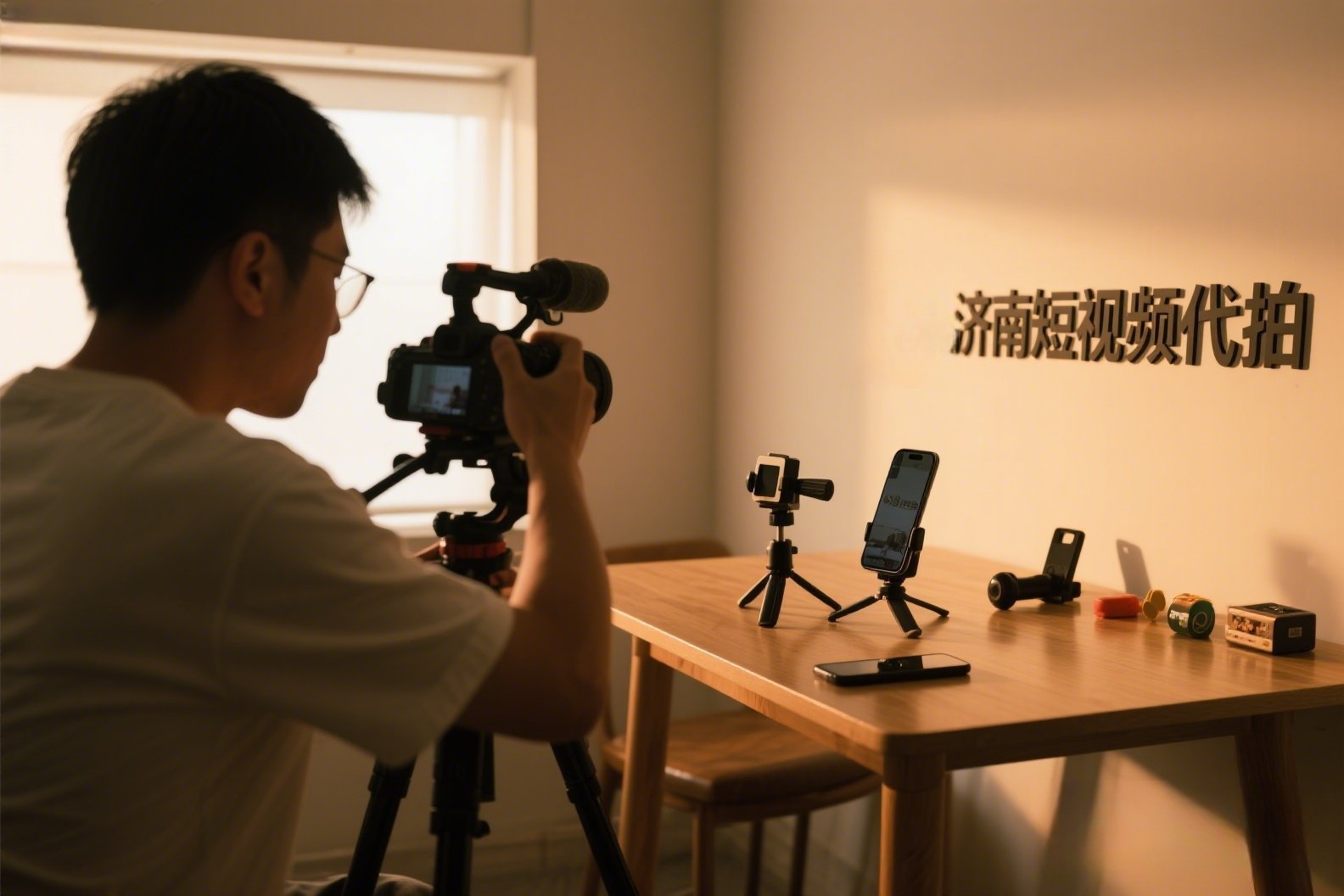 一个拍摄短视频现场,写着“济南短视频代拍”_副本 一个拍摄短视频现场,写着“济南短视频代拍”_副本