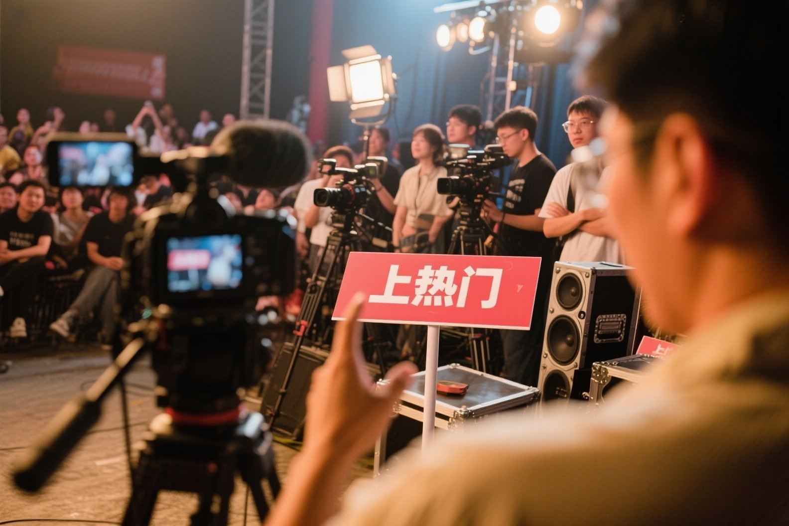 一个拍摄短视频现场,写着“上热门_副本 一个拍摄短视频现场,写着“上热门_副本